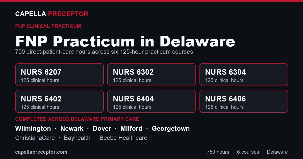 Capella FNP practicum in Delaware: the six 125-hour courses (NURS 6207, 6302, 6304, 6402, 6404, 6406) totaling 750 clinical hours, completed across primary care settings in Wilmington, Newark, Dover, Milford including ChristianaCare, Bayhealth, Beebe Healthcare.