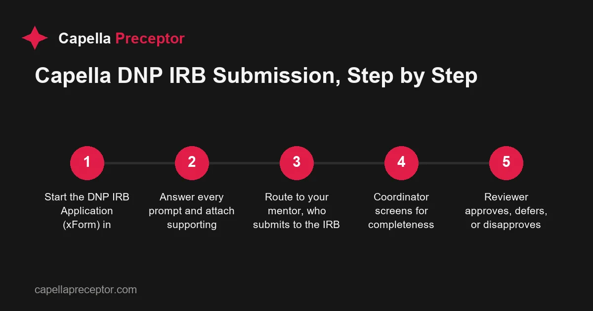 Five-step flow of the Capella DNP IRB application: start in IRBManager, answer prompts and attach documents, route to mentor, completeness screening, reviewer i